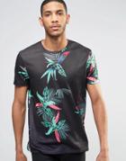 Asos T-shirt In Linen Look With Tropical Floral Print - Black