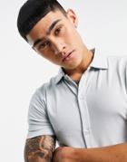 Asos Design Organic Muscle Fit Button Through Jersey Shirt In Gray Blue-blues