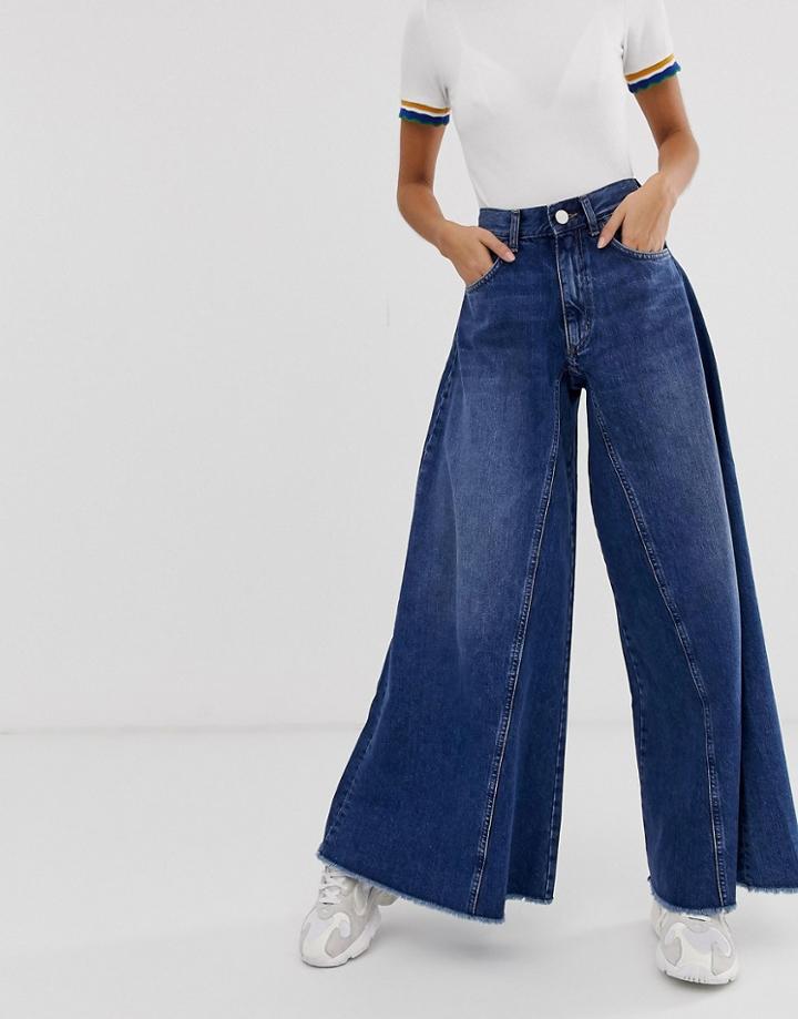 Asos Design Wide Leg Jeans With Inverted Godet Inserts In Dark Stone Wash - Blue