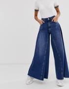 Asos Design Wide Leg Jeans With Inverted Godet Inserts In Dark Stone Wash - Blue