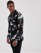 Religion Revere Collar Shirt With Floral Crane Print In Black - Black