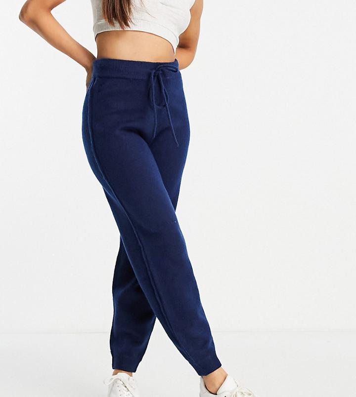 Asos Design Petite Knitted Sweatpants With Tie Waist Detail In Navy - Part Of A Set-blues