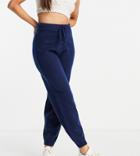 Asos Design Petite Knitted Sweatpants With Tie Waist Detail In Navy - Part Of A Set-blues