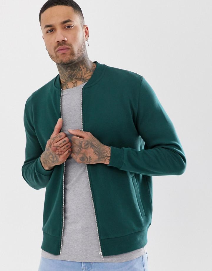 Asos Design Jersey Bomber Jacket In Green - Green