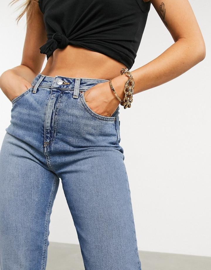 Asos Design High Rise Farleigh 'slim' Mom Jeans In Authentic Midwash-blue