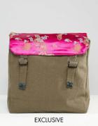 Reclaimed Vintage Military Backpack With Satin & Floral Top - Green