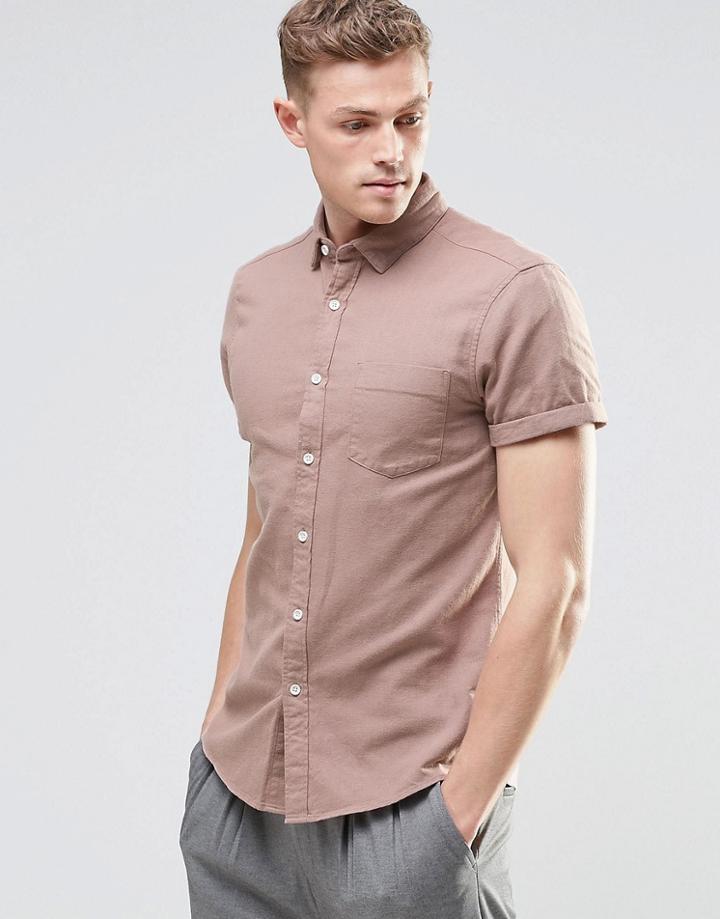 Asos Herringbone Shirt In Dusky Pink With Short Sleeves In Regular Fit - Pink