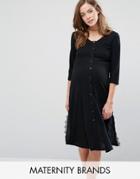 Bluebelle Maternity Ribbed Tea Dress With Side Lace Detail - Black
