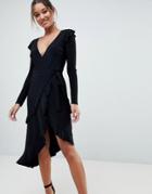 Asos Frill Detail Wrap Dress - Black