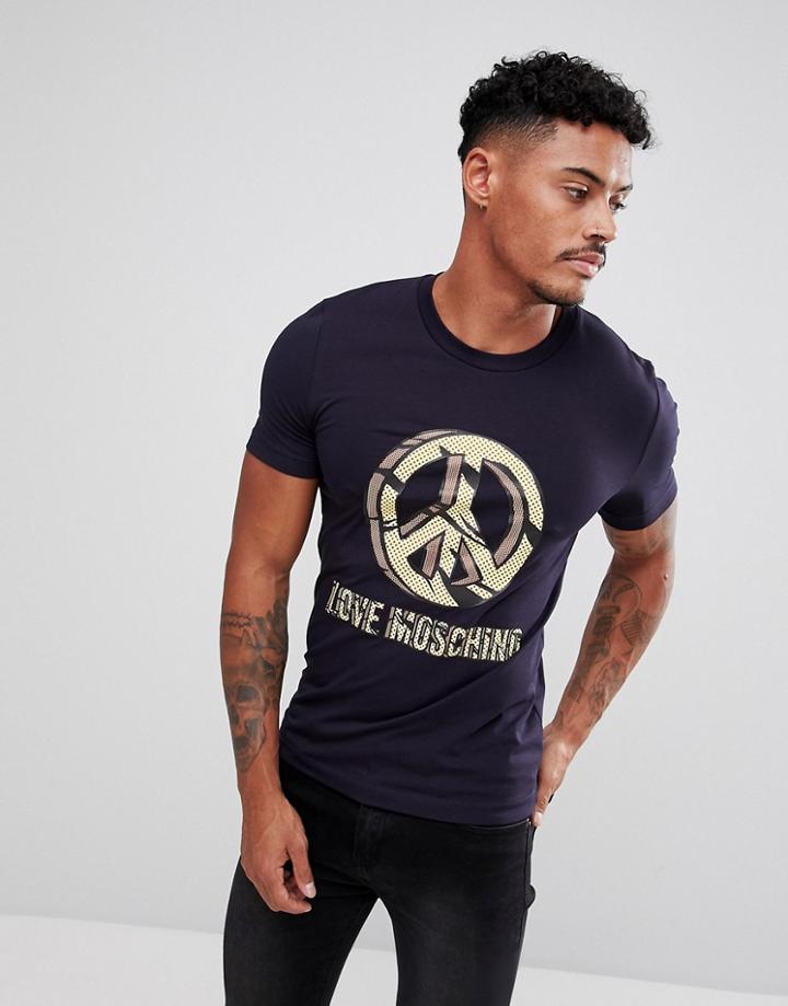 Love Moschino T-shirt In Navy With Peace Logo - Navy