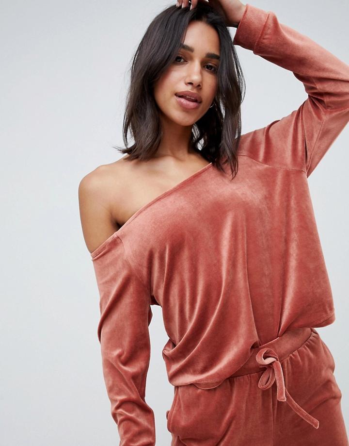 Asos Design Lounge Velour Off Shoulder Sweat - Tan