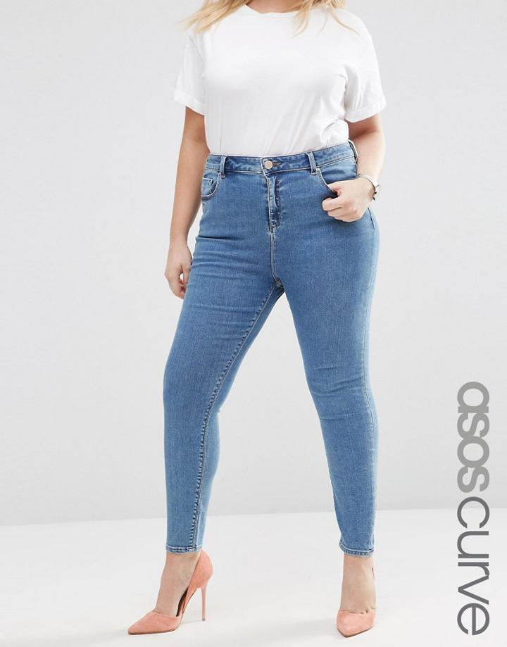 Asos Curve High Waist Ridley Skinny Jeans In Jojo Mid Wash - Blue