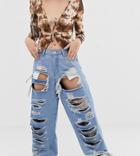 One Above Another High Waist Ultra Baggy Mom Jeans In Vintage Wash Denim - Blue