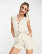 Miss Selfridge Ruffle Sleeve Belted Romper In Cream-white