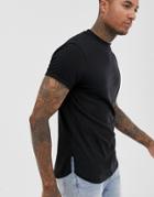 Asos Design Longline T-shirt With Roll Sleeve And Side Split In Black - Black