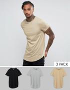 Asos 3 Pack Muscle Longline T-shirt In Black/gray/beige With Curved Hem Save - Multi
