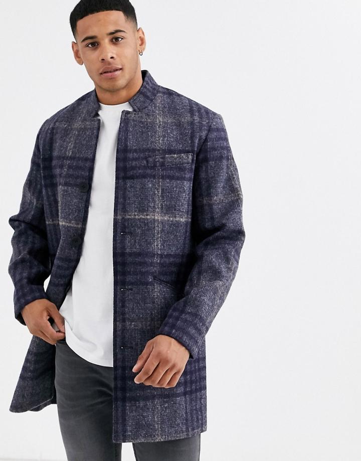 Only & Sons Stand Up Collar Check Over Coat In Navy
