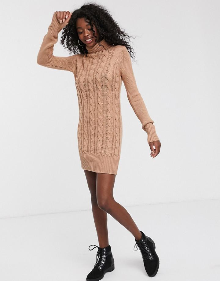 Brave Soul Roll Neck Cable Knit Sweater Dress In Dusty Pink