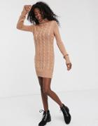 Brave Soul Roll Neck Cable Knit Sweater Dress In Dusty Pink