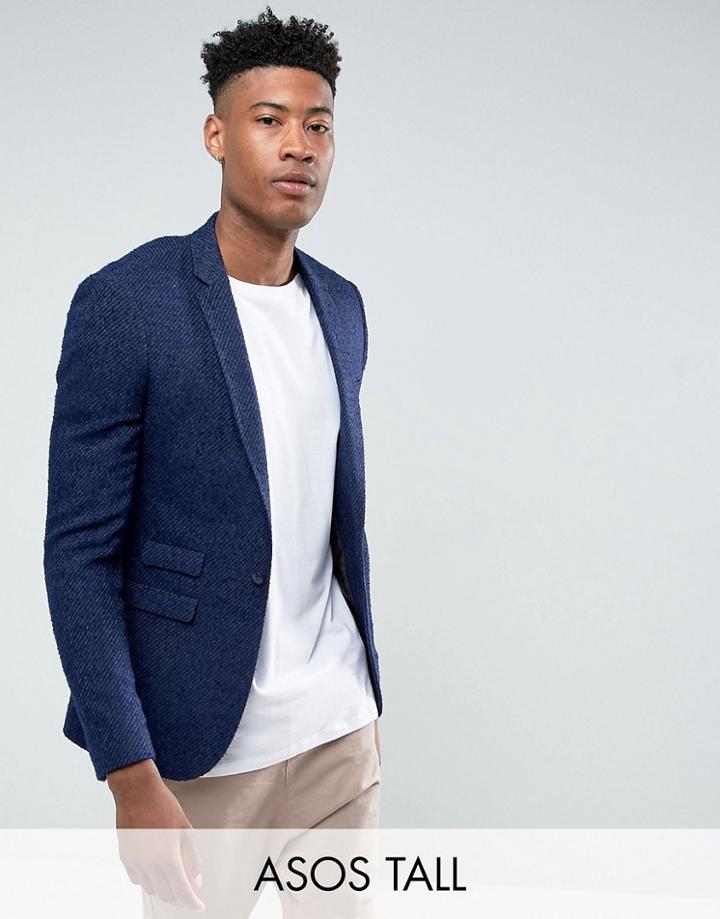 Asos Tall Super Skinny Texture Blazer In Navy - Navy