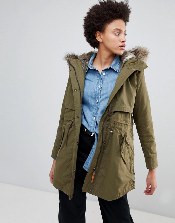 Parka London Lara Essential Parka Coat With Faux Fur Trim Hood - Green