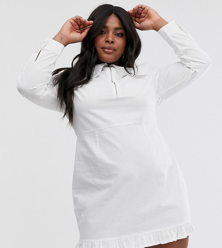 Asos Design Curve Frill Collar Zip Through Mini Dress - White