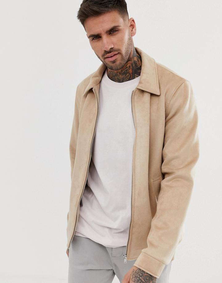 Asos Design Faux Suede Zip Through Jacket In Tan - Tan