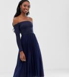 Asos Design Tall Scuba Bardot Pleated Midi Dress-blue