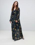 Lost Ink Wrap Front Maxi Dress In Blurred Floral Print - Multi