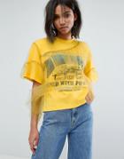 Stylenanda Oversized T-shirt With Ruffle Mesh Overlay - Yellow