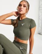 Twill Active Seamless Ribbed Crop Top In Khaki - Dgreen