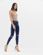 Asos Design Ridley High Waist Skinny Jeans In Deep Blue Wash With Busted Knees