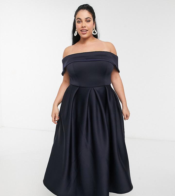 True Violet Plus Folded Bardot Prom Midi Dress With Pockets In Navy