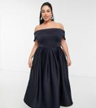 True Violet Plus Folded Bardot Prom Midi Dress With Pockets In Navy