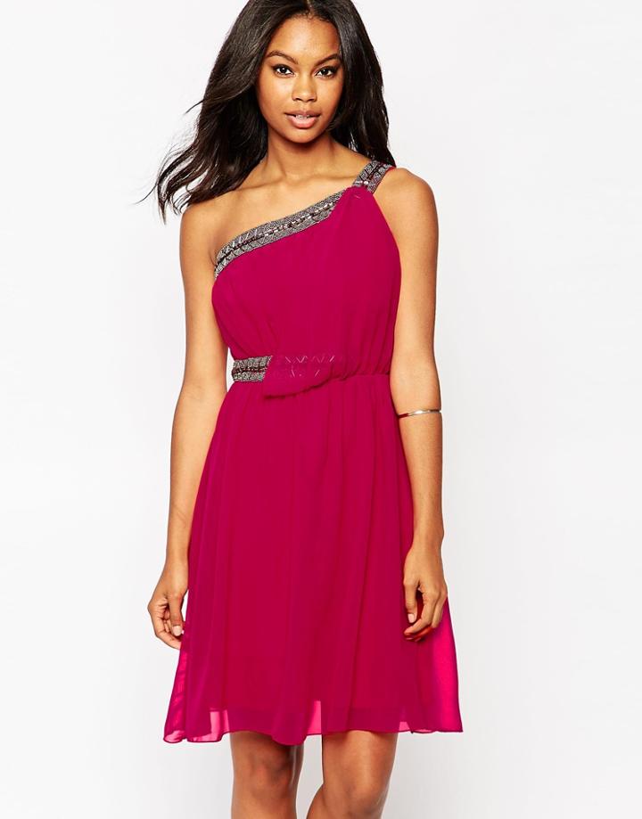 Little Mistress One Shoulder Dress With Embellished Straps - Pink
