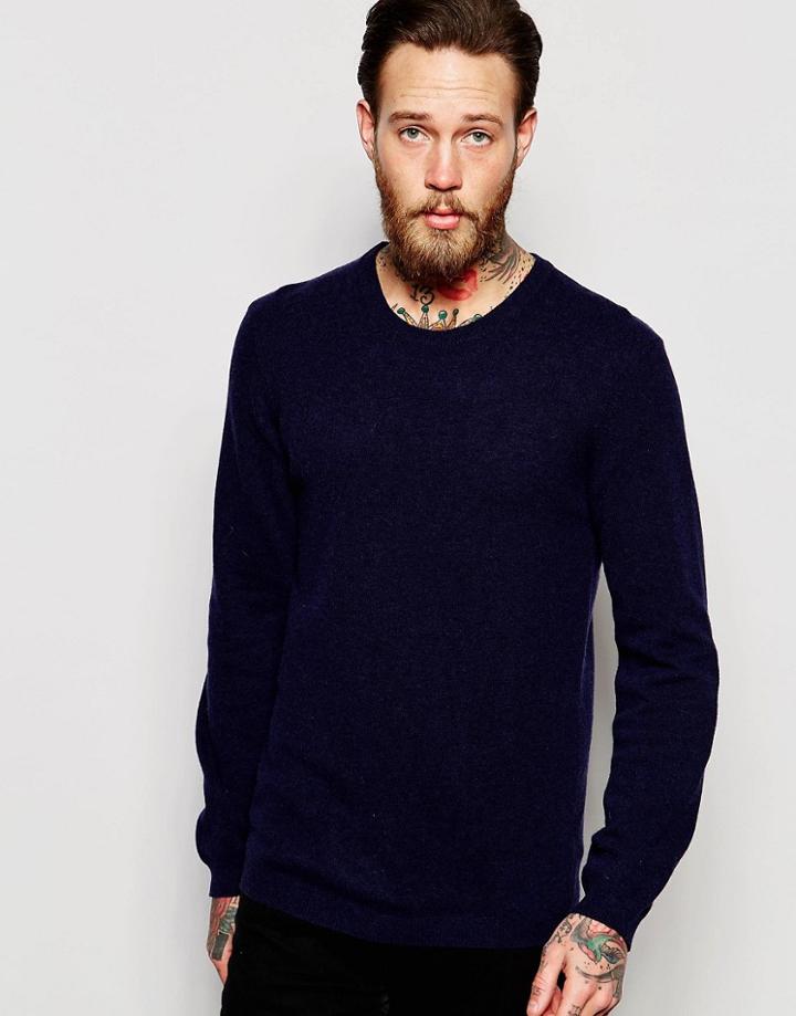 Asos Lightweight Lambswool Rich Sweater In Navy - Navy