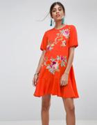 Asos Premium Embroidered Drop Waist Dress - Orange