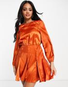 Ax Paris Satin Mini Dress With Long Sleeves In Rust-orange