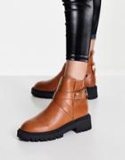 London Rebel Buckle Detail Ankle Boots In Tan-brown