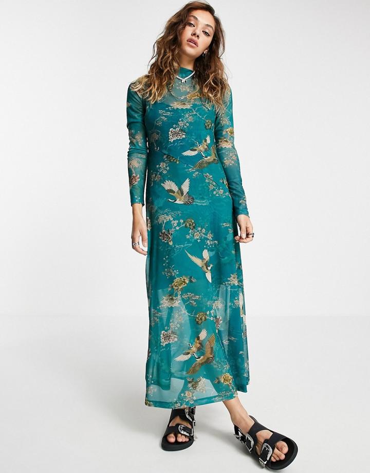 Allsaints Long Sleeve Midi Dress In Green Floral