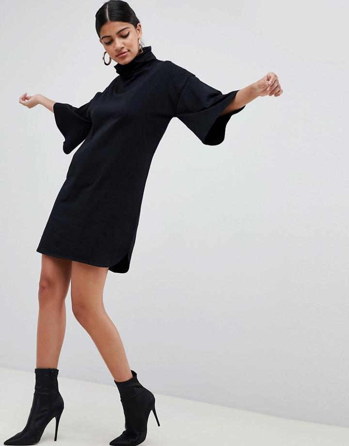 Asos Design High Neck Mini Swing Dress With Trumpet Sleeves - Black