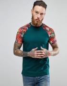 Asos Raglan T-shirt With Floral Velour Sleeves - Green