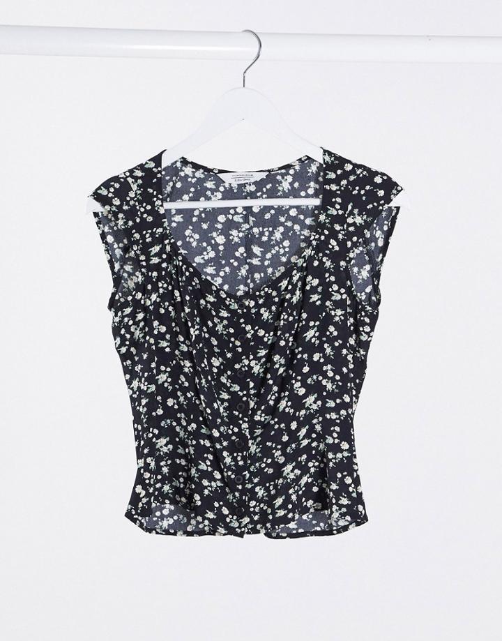 & Other Stories Floral Print Button Through Top In Black