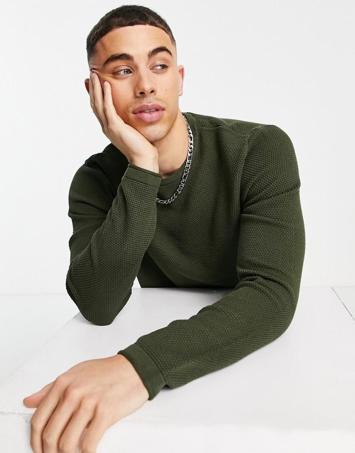 Only & Sons Textured Sweater With Crew Neck In Khaki-green