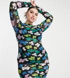 Collusion Plus Daisy Print Ruched Long Sleeve Mesh Dress In Multi