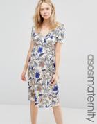Asos Maternity Wrap Midi Dress With Pleated Skirt In Floral Print - Multi