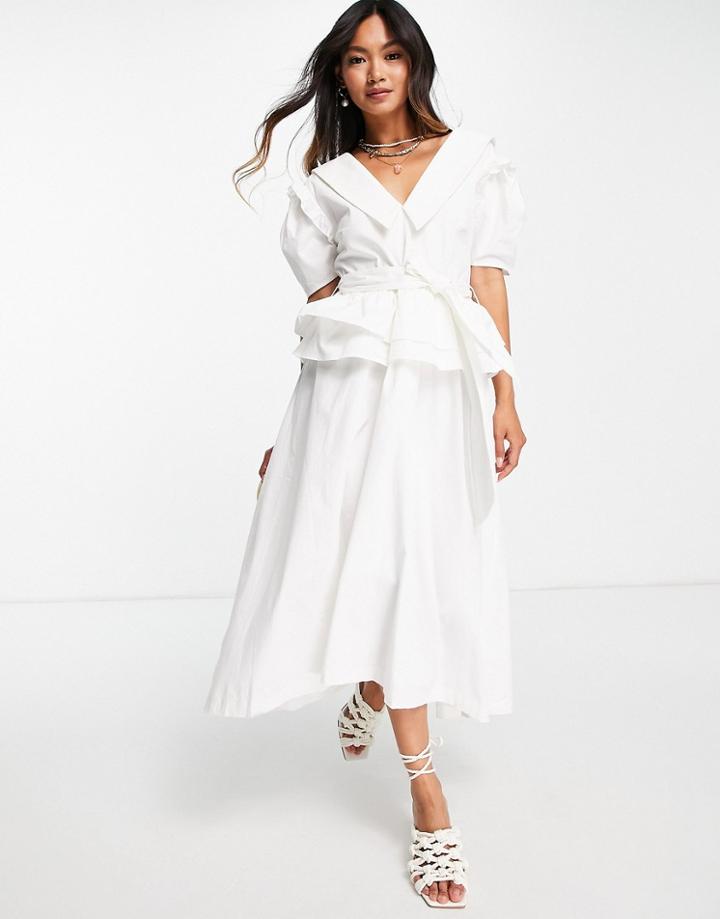 Lost Ink Midi Dress With Vintage Collar And Full Skirt In Poplin-white