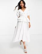 Lost Ink Midi Dress With Vintage Collar And Full Skirt In Poplin-white
