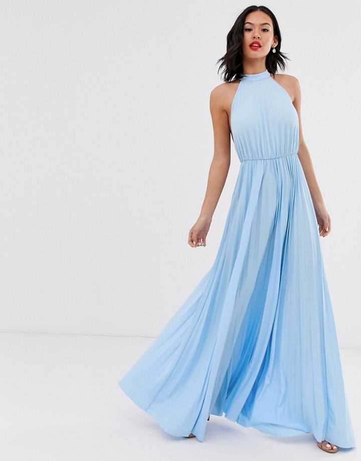 Asos Design Halter Pleated Waisted Maxi Dress-blue