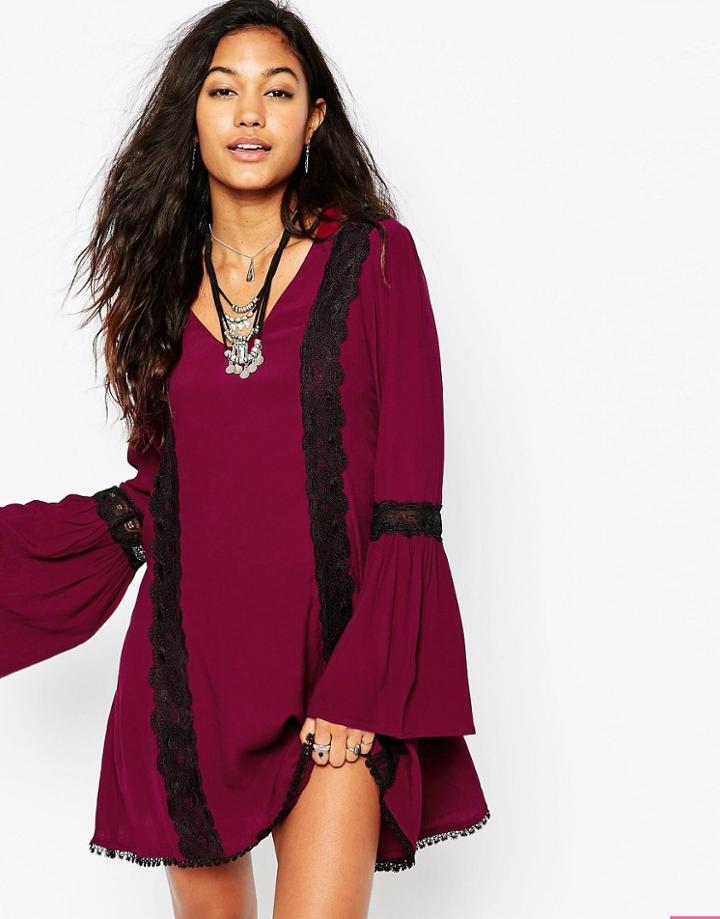 Japonica Lace Detail Skater Dress - Wine